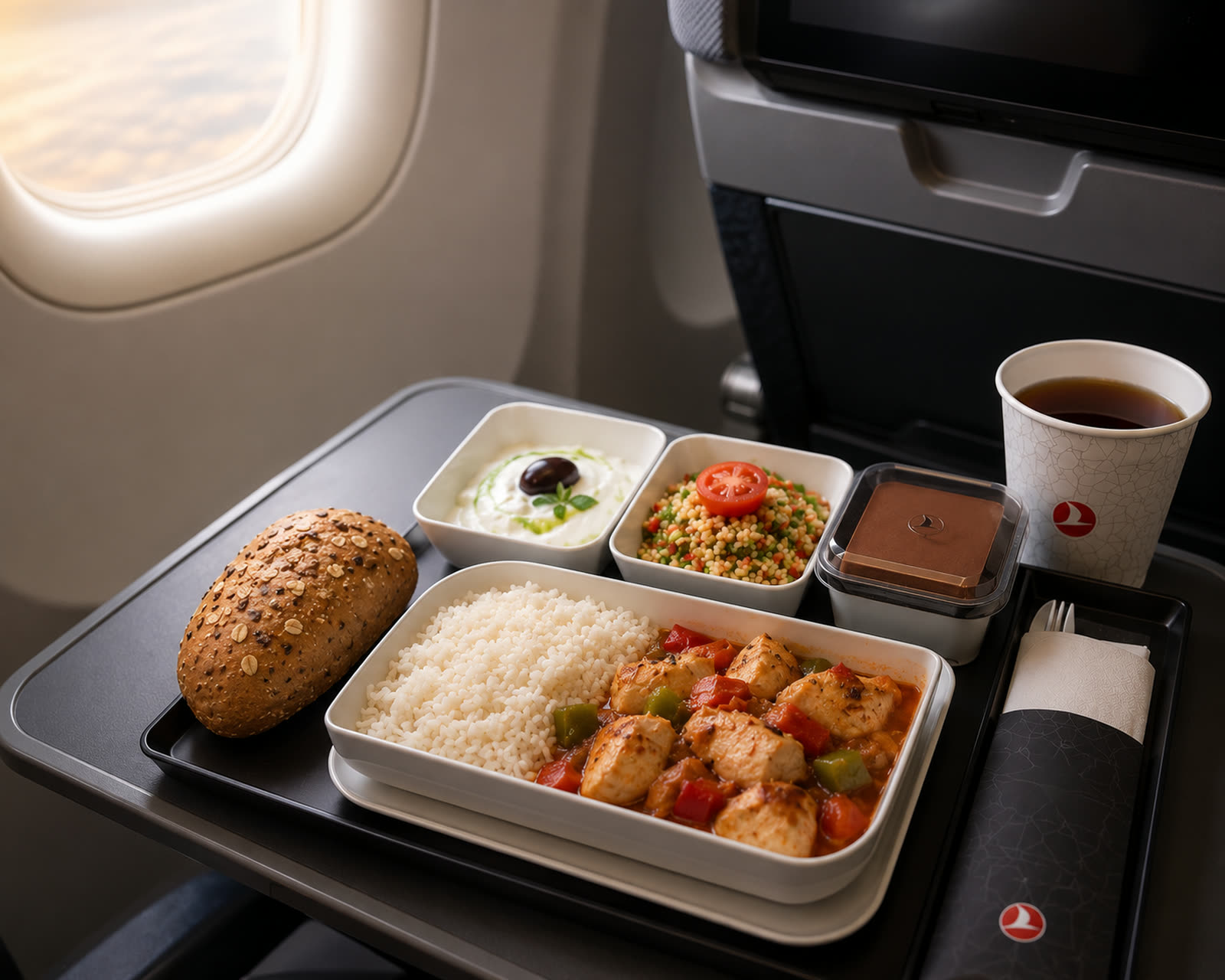 In-flight meal service on Turkish Airlines